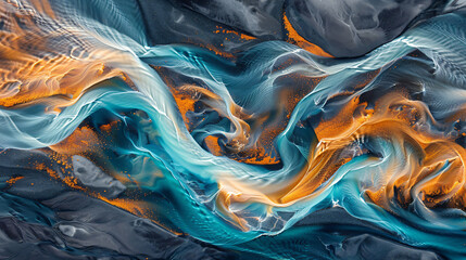 Poster - Aerial view of a colorful braided river in Iceland, an abstract natural background with intricate patterns and textures. A top down perspective of an alien landscape. Abstract aerial photography. The 