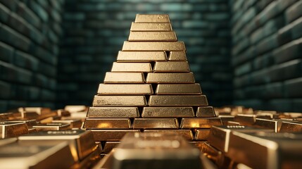 A pyramid of gold bars surrounded by stacks of bullion, set against a textured background, symbolizing wealth and prosperity.