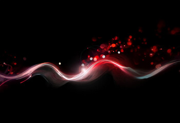 Aufkleber - A red and white abstract wave glows brightly against a black background with scattered white and red bokeh.