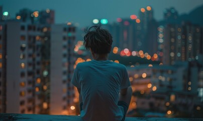 Wall Mural - A person sits alone on a rooftop, looking out at the city lights. AI.