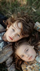 Canvas Print - Two children lay in the grass looking up. AI.