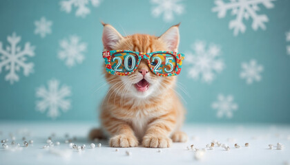 Happy New Year and Merry Christmas 2025 greeting banner or postcard featuring a funny orange tabby kitten wearing colorful carnival glasses with the numbers 2025