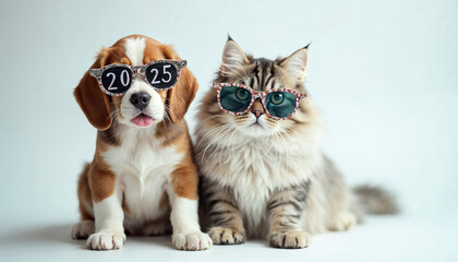 Playful beagle puppy wearing oversized carnival glasses with 2025 on them sitting beside a fluffy Persian cat with matching glasses both set on a plain white background with a joyful Happy New Year