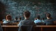 © Dmitry - A group of students attentively listen to their instructor while surrounded by intricate diagrams and scientific formulas on the chalkboard