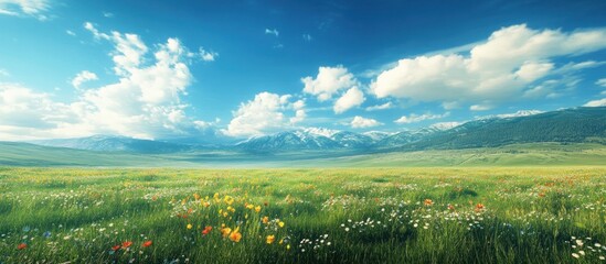 Scenic meadow with a vast field of wildflowers, blue skies and snow-capped mountain peaks in the distance.