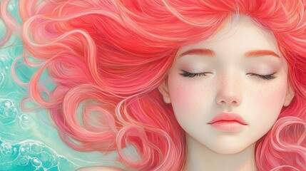 Wall Mural - a young woman with vibrant red hair floating, eyes closed, in an ethereal digital illustration. conc