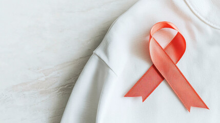 A soft white shirt with a delicate orange awareness ribbon pinned, symbolizing support for causes such as cancer or other health initiatives.