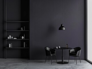 minimalist black and white interior design with a black table and two chairs