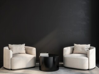 Two beige armchairs with cushions and a black coffee table in front of a dark wall