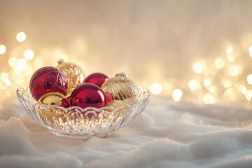 Elegant Christmas baubles in crystal bowl