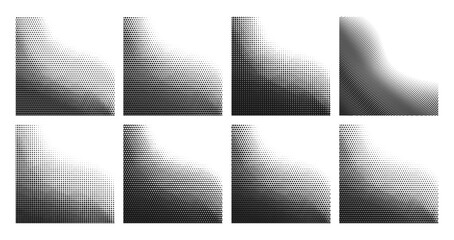 Leinwandbilder - Halftone gradient pattern gradation backgrounds with half tone dots, abstract vector. Halftone pattern backgrounds with diagonal waves or wavy dots gradation from corners with grainy monochrome effect