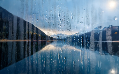 Poster - A misty view of a lake with mountains in the distance, seen through a window with condensation.