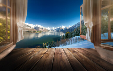 Poster - A wooden floor extends out from a window with sheer curtains, revealing a stunning view of a snow-capped mountain range reflected in a tranquil lake.