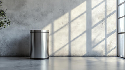 Modern stainless steel trash can with reflective finish, placed in minimalist interior. soft shadows create serene atmosphere, enhancing contemporary design