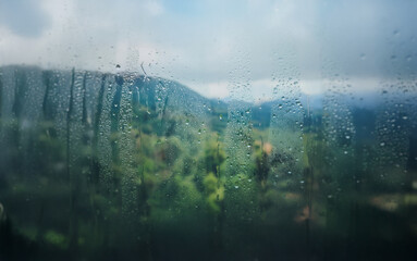 Poster - A blurry, green landscape view through a rain-streaked window.