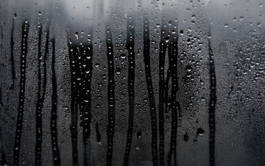 Poster - Water droplets and streaks run down a blurry window pane.
