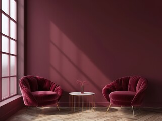 Two plush velvet armchairs with a round coffee table. set against a burgundy wall with sunlight streaming through a large window