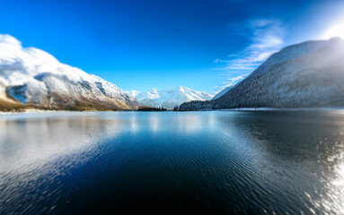 Poster - A serene lake reflecting the snow-capped mountain peaks in the background on a sunny day.