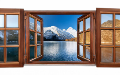 Poster - A wooden window frame with three panes opens to reveal a mountain lake scene.
