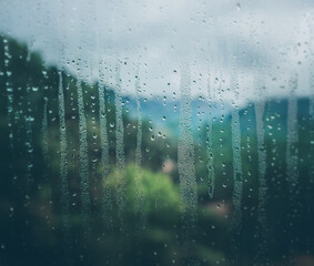 Aufkleber - A blurry view of a forest through a rain-streaked window.