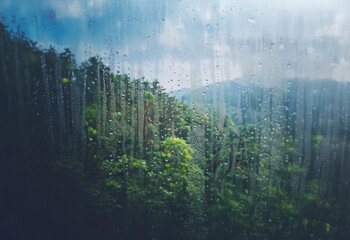 Poster - A view of a lush green mountain landscape through a rain-streaked window.