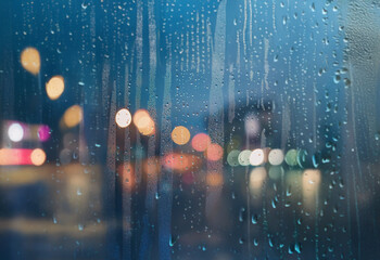 Aufkleber - A blurry city lightscape viewed through a rain-streaked windowpane.
