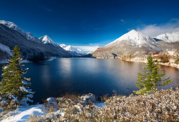 Poster - A serene mountain lake with snow-capped peaks, surrounded by evergreen trees and bushes. The water is still and reflects the blue sky.
