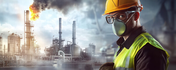 Safety-conscious worker with mask surveys factory flames.