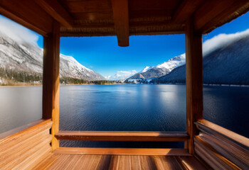 Poster - A wooden gazebo with a view of a mountain lake.