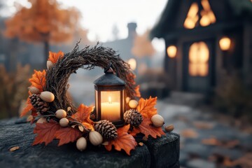 Cozy autumn decorations featuring glowing wreaths, lanterns, and acorns in a warm, inviting setting.