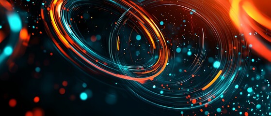 Fototapete - A colorful, abstract image of two circles with a blue background. The circles are surrounded by a lot of small dots, giving the impression of a swirling, chaotic pattern