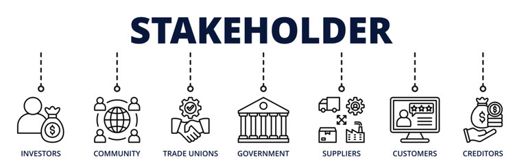 Stakeholder banner web icon for business with investors, community, trade unions, government, supplier, customer, creditor