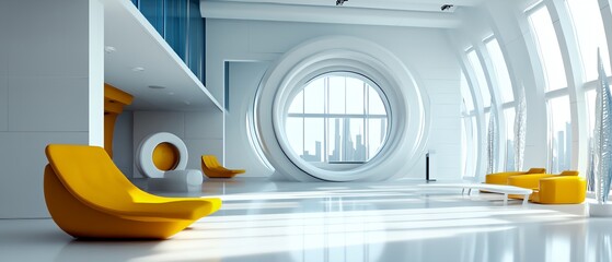 Poster - A large white room with yellow chairs and a white wall. The room is very spacious and has a modern design