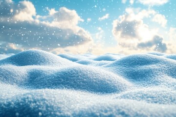 Snowy landscape with clouds and snow flakes on a sunny day