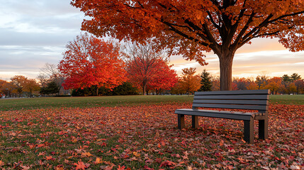 Scenic park bench under autumn trees bathed in warm sunset light, orange and red leaves scattered on the ground, wide-angle shot capturing the tranquil beauty of nature