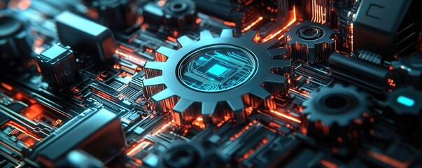 Poster - Close-up of a mechanical gear in a circuit board setting on a dark background.