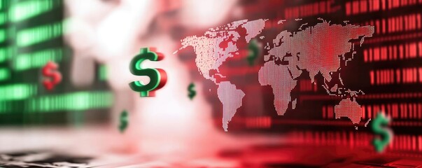 Poster - Global currency exchange with world map, dollar signs and digital data.