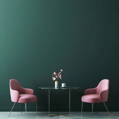 A minimalist interior design with two pink velvet chairs and a round marble table with a vase of pink flowers and a white cup on a green wall