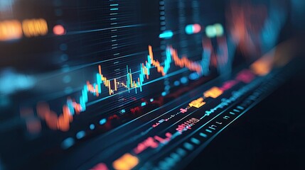 Poster - Digital stock market chart with vibrant colored lines on dark background.