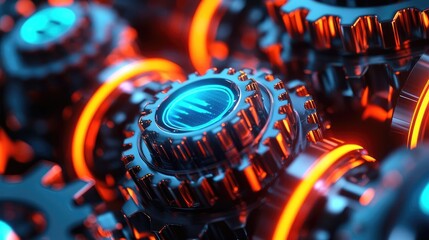 Poster - Colorful gears with glowing edges, isolated on a dark background.