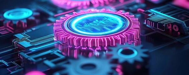 Poster - Colorful gears and circuits in neon style for futuristic technology themes.