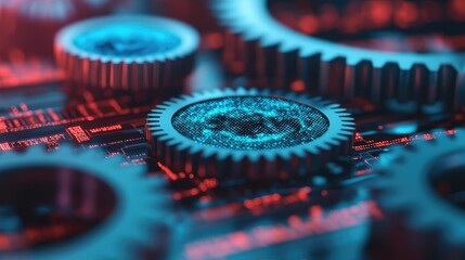 Poster - Close-up of gears with a blue and red futuristic design, isolated on a dark background.
