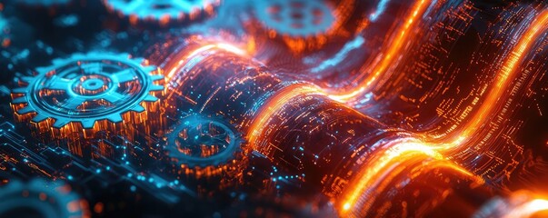 Poster - Futuristic gears with glowing light effects on a dark background.