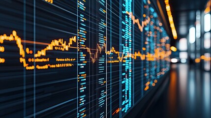 Poster - Digital stock market graph with vibrant colors on dark background.