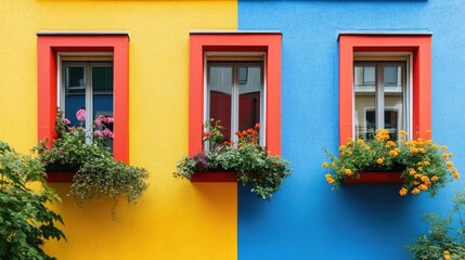 Three windows with red frames and flowers on a yellow and blue wall.