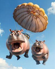 Illustration a full covered image of a parachute with safety gear sets, with 2 hippopotamus in the air with blue sky background.	