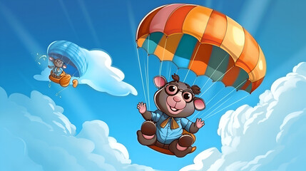 Illustration a full covered image of a parachute with safety gear sets, with 2 hippopotamus in the air with blue sky background.	