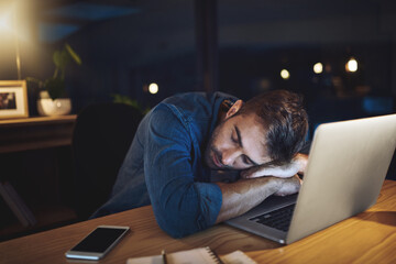 Aufkleber - Man, tired and sleeping at night in office with laptop, burnout and overtime with deadline at startup. Person, exhausted and fatigue by computer with rest, dream and break with job at creative agency