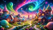 © Jane Studio - A whimsical village nestled amidst swirling celestial formations, where candy-colored houses stand tall beneath a sky painted with vibrant hues.