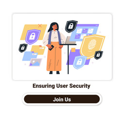 Poster - User security protection concept woman laptop digital shields colorful files modern design website template